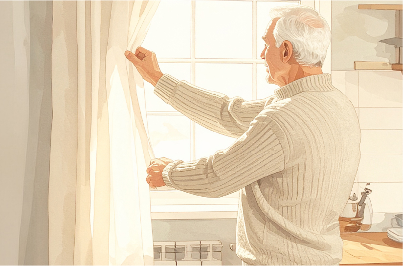 Man opening the curtains of a window to let sunlight in