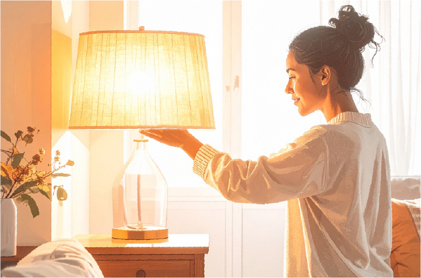 Woman turning off a table lamp in her living room
