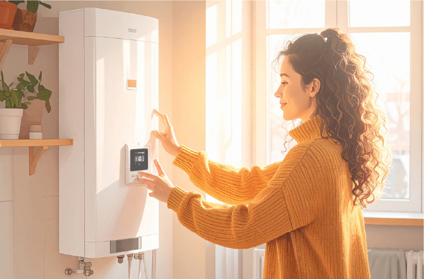 Woman adjusting the temperature of her water heater