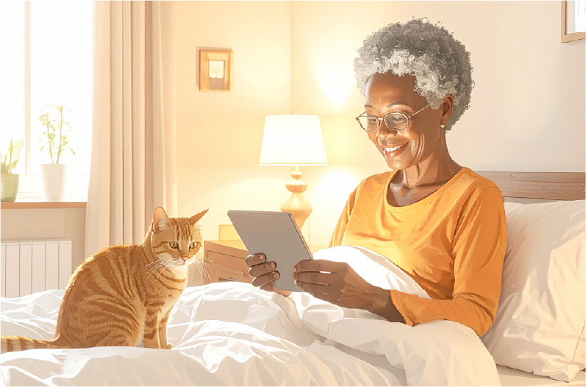 Woman watching a show on her tablet in bed with her cat on her lap