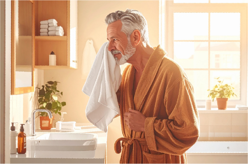 Man in a bathrobe drying his face in his bathroom