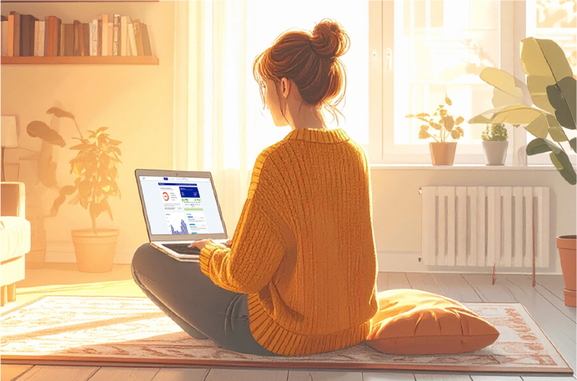 Woman sits on the floor in her living room looking at the Energy Analyzer tool on her laptop