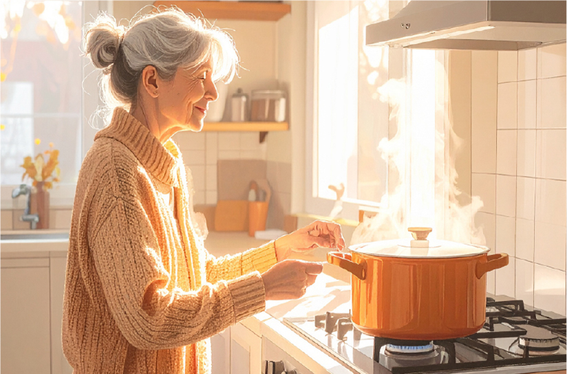 Woman at her stove cooking with a large saucepan with the lid on