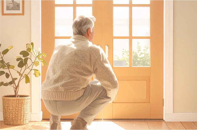 Man crouching to look at the gaps around his front door
