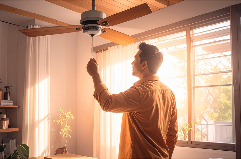 Man pulling the chain to turn on his ceiling fan