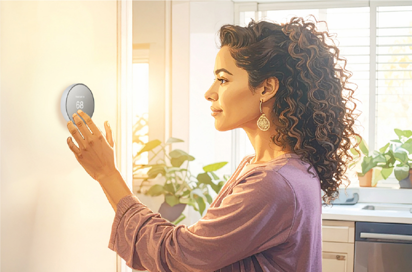 Woman adjusting the temperature on her thermostat