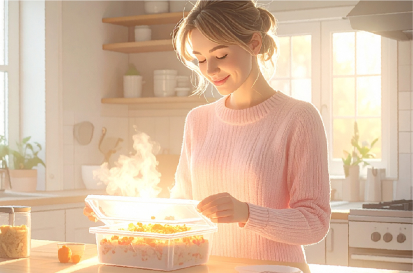 Woman placing a lid on a container of steaming food