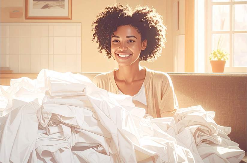Woman smiling in front of a pile of clean laundry