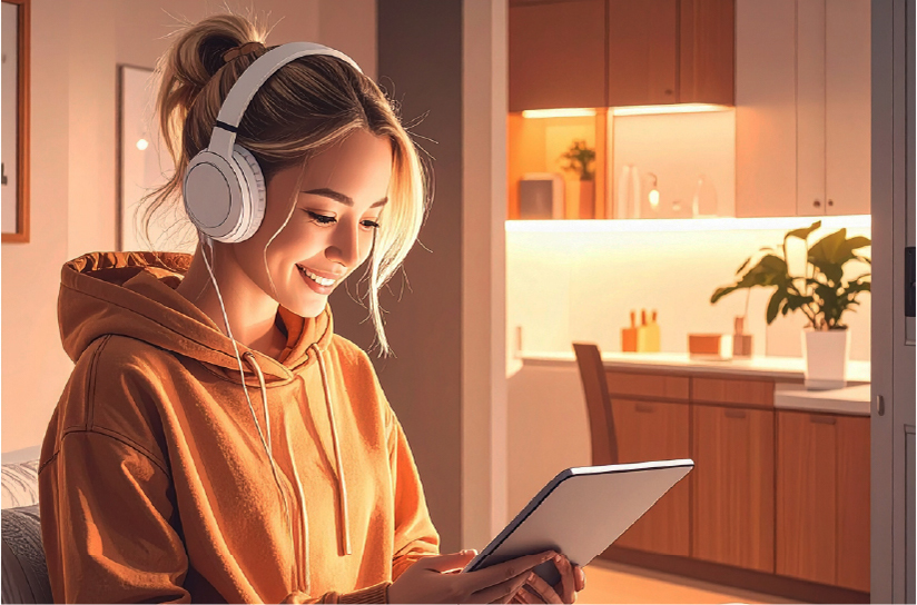 Woman watching a video on her tablet while wearing headphones