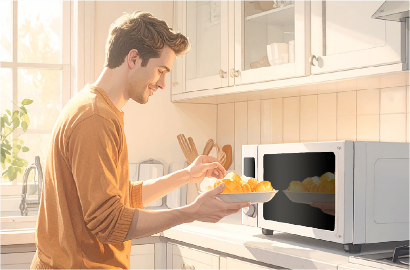 Man getting ready to heat food in the microwave